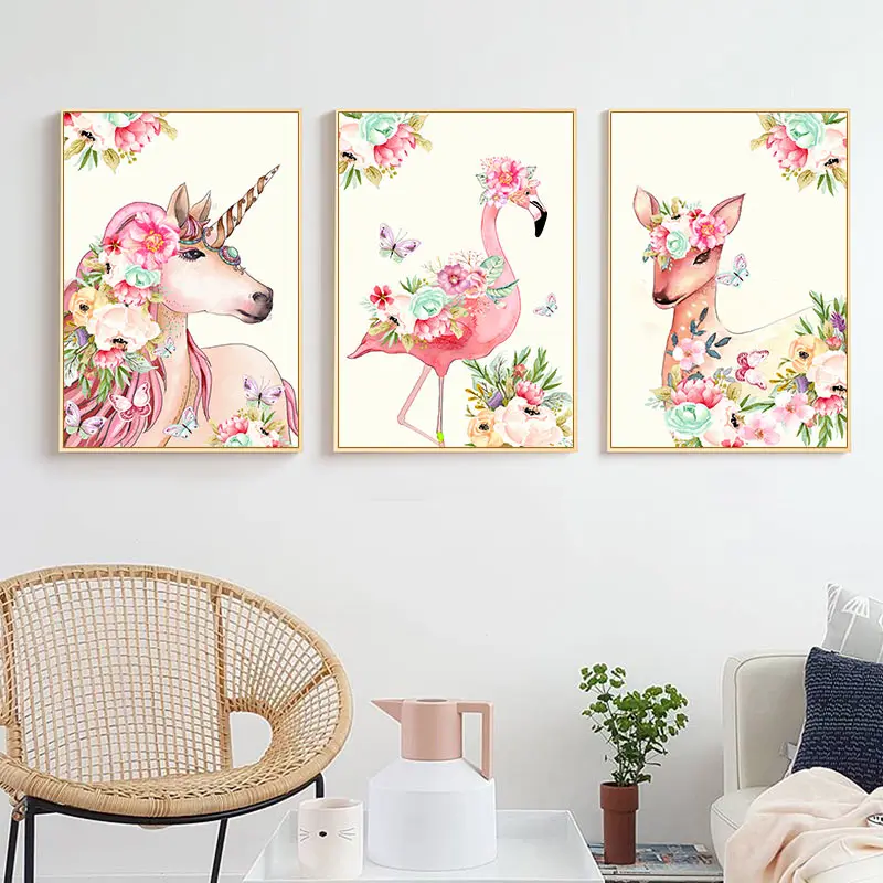 

Scandinavian Style Unicorn Flamingo with Flower Canvas Wall Art Prints Animal Posters Painting Pictures for Living Room Decora