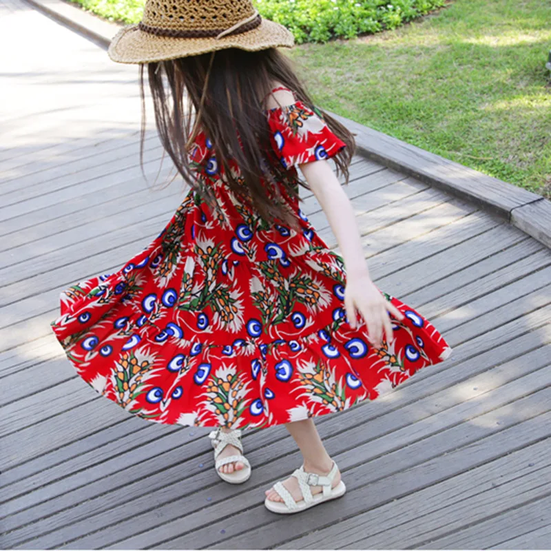 

100-170cm Floral Big Girls Beach Causal Dress Summer Shoulderless Ruffles Teenager Kids dresses Children's Clothing