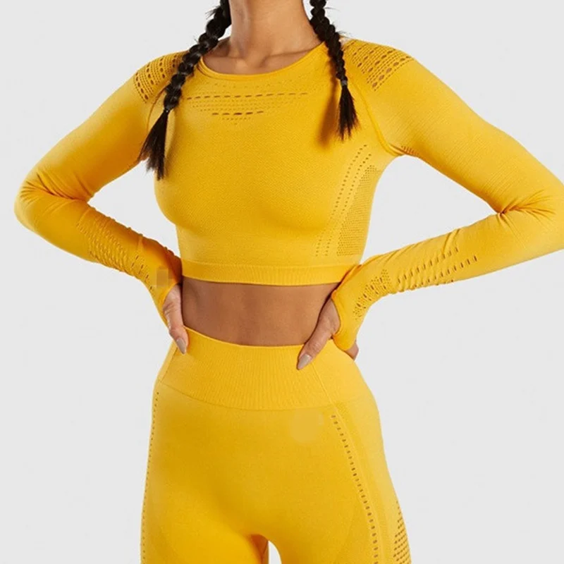NORMOV Топы с длинным рукавом для тренировок для женщин, бесшовная футболка, спортивный топ, Спортивная футболка для женщин, топы для фитнеса - Цвет: Yellow