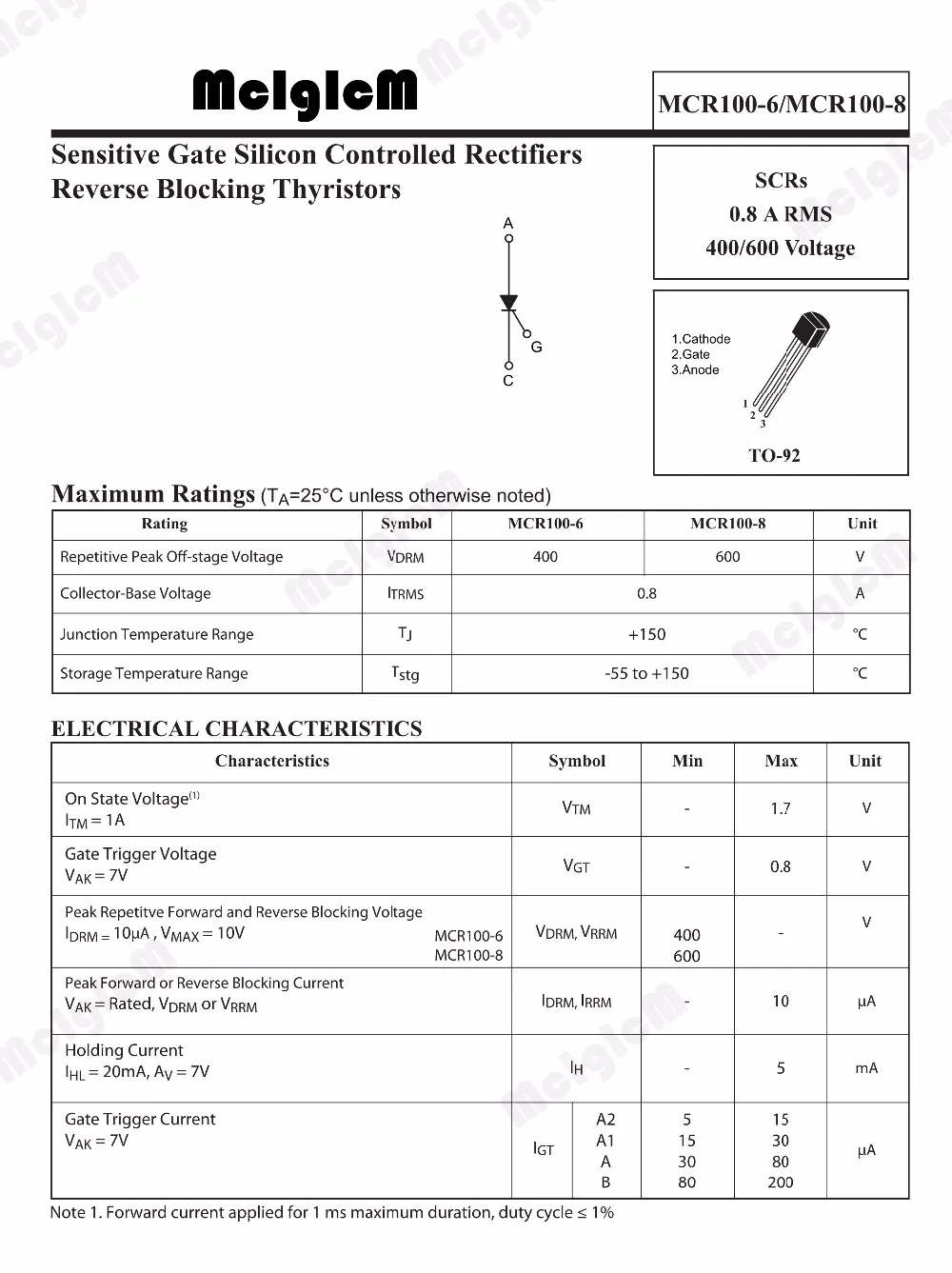 MCIGICM 100 шт MCR100-8 600V 800mA кремниевый управляемый переключательный Диод тиристорный TO-92