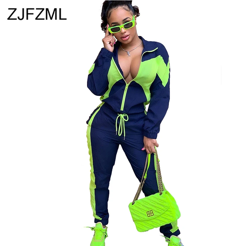 

Contrast Color Patchwork 2 Piece Sets Tracksuit Women Turn Down Collar Long Sleeve Coat And Bodycon Pants Sweat Suits Outfits