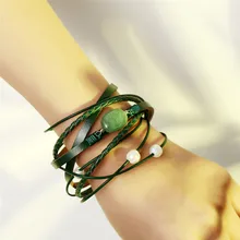 Green Natural Stone Leather Bracelet For Woman Or Men Multiple Layers Braided Imitation Pearl Bracelets Fashion Jewelry
