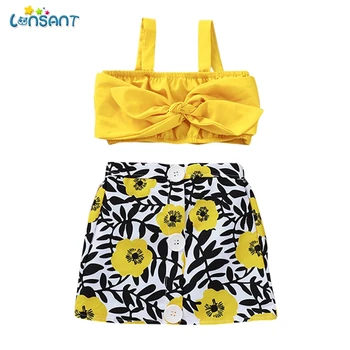 

LONSANT Toddler Kid Baby Girl Set Clothes Floral Pritned Bow Button Off Shoulder Tank Tops+Skirt 2Pcs Set Clothes N30