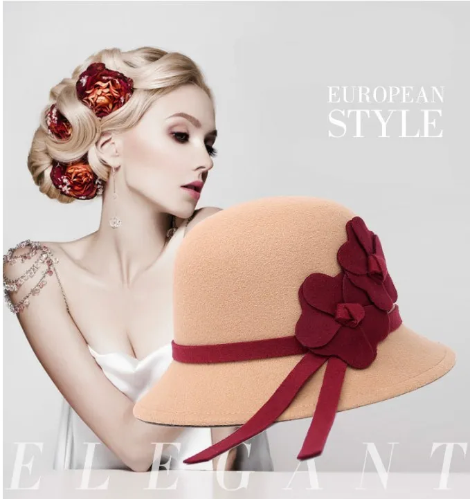 Новые осенние и зимние купольные шляпы Дамская мода цветы Имитация шерсти шляпа