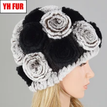 Лидер продаж зимние женские вязаные натуральный настоящий мех кролика шапки женские теплые Настоящий мех кролика шапки Цветочные меховые шапочки шляпа
