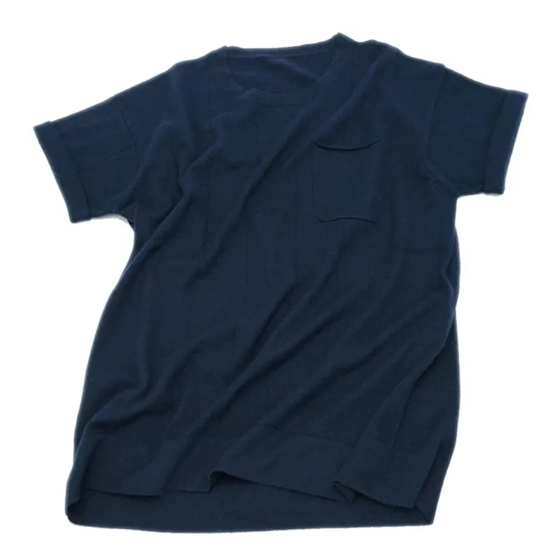  pure goat cashmere thin knit men spring autumn fashion short sleeve pullover sweater dark blue M/L