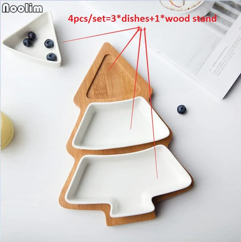 NOOLIM 4Pcs/set Christmas Tree Dinnerware Salad Fruit Dessert Candy Ceramic Dishes Porcelain Plates Restaurant Tray Tableware