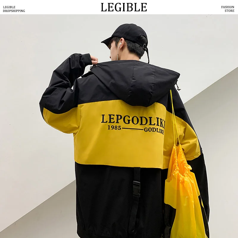 

LEGIBLE Hip Hop Patchwork Jacket Men Casual Loose Letter Printed Mens Jackets and Coats Harajuku Hooded Windbreaker Mens Jacket