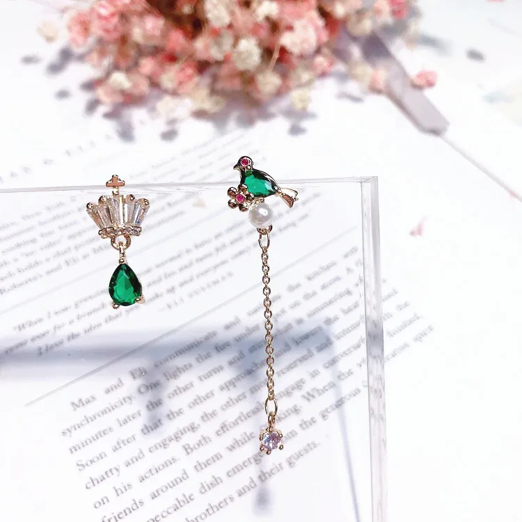 green crystal crown asymmetric earring 925 silver pin Hypoallergenic fadeless fashion jewelry stud earrings for women girl gift