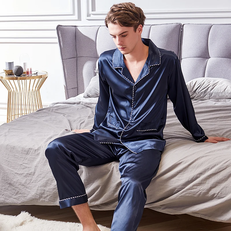 Faux Silk Pajamas 2020 Spring Autumn New Silky Ice Silk Sleepwear Man Long-Sleeve Navy Blue Pajama Sets X9001 Faux Silk Pajamas 2020 Spring Autumn New Silky Ice Silk Sleepwear Man Long-Sleeve Navy Blue Pajama Sets X9001