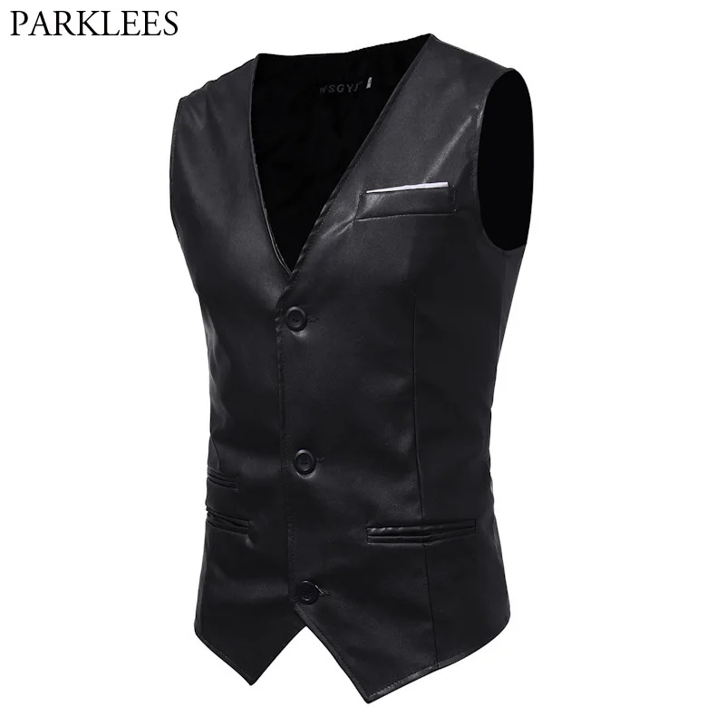 

Fashion Black PU Leather Suit Vest Men 2018 Night Club Wear Single Breasted Sleeveless Waistcoat Mens Slim Fit Party Stage Vests