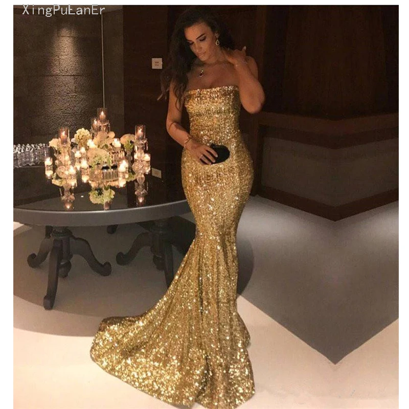 

Mermaid Strapless Gold Prom Dresses 2019 Sequins Sparkle Crystals Plus Size Long Prom Gown Evening Dresses Robe De Soiree