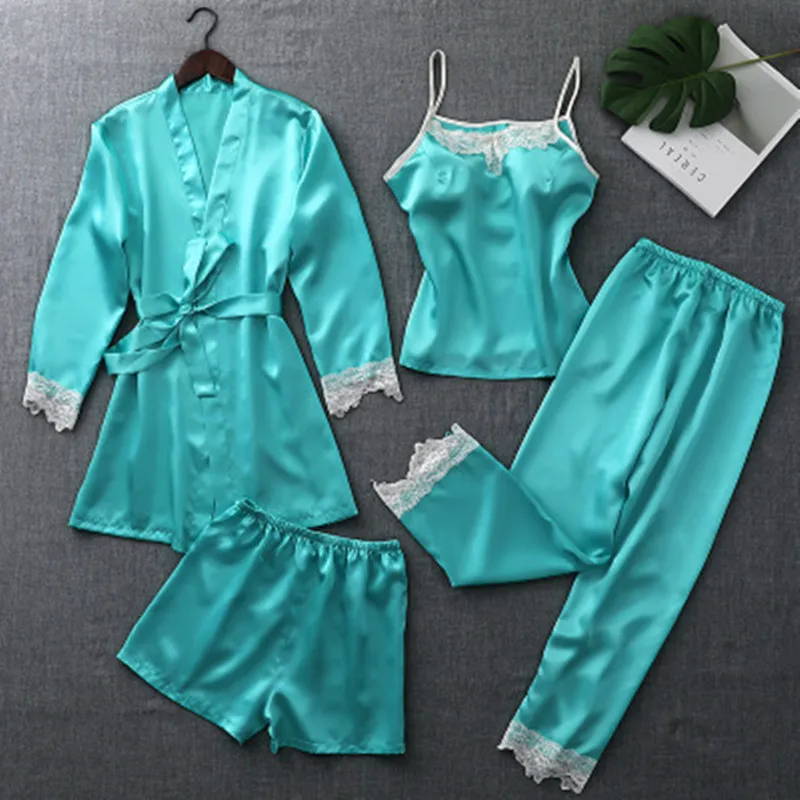 

Sexy Lace Women Pajamas Set Sling Vest Robe Shorts Silk Rayon Female Pyjamas Stitch Lingerie 5Piece/Set 2019 Summer Sleepwear
