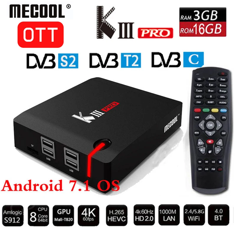 

MECOOL KIII PRO DVB-S2 DVB-T2 DVB-C Decoder Android 7.1 TV Box 3GB 16GB K3 Pro Amlogic S912 Octa Core 64bit 4K Combo Set top box
