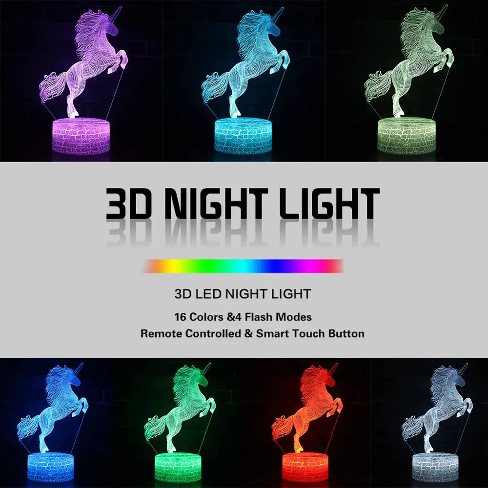 СВЕТОДИОДНЫЙ ночник в виде летающего единорога 3D Настольная лампа с пультом