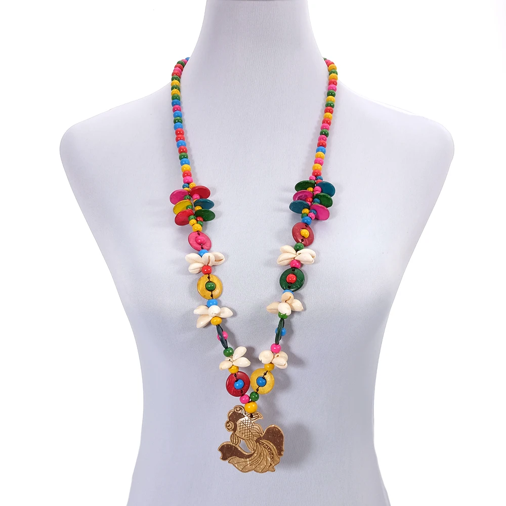

BeUrSelf Multi Color Bohemian Necklace Women Knit Handmade Wooden Bead Ethnic Round Coconut Shell Beaded Fish Pendant Necklace