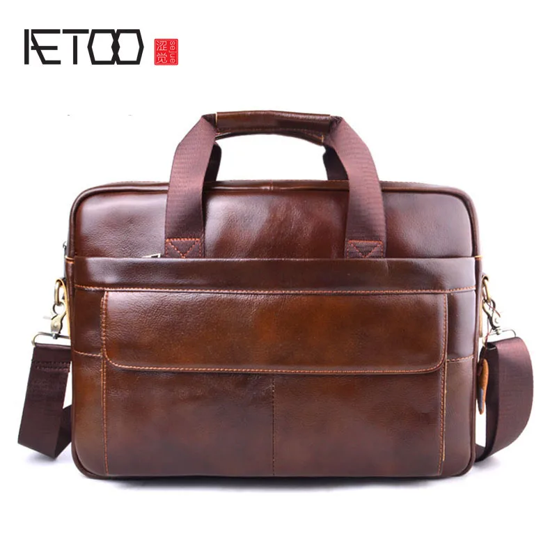 

AETOO New Men Briefcases Genuine Leather Handbag Vintage 15''Laptop Briefcase Messenger Shoulder Bags Men's Bag