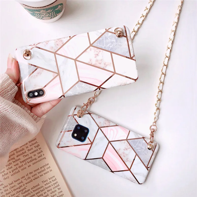

marble chain strap tpu case for huawei mate 20 pro lite P30 P20 pro lite case cover lattice shoulder lanyard soft silicon phone