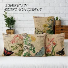 Almohada de decoración de hogar mariposa americana Vintage Flores Retro de lino protección de algodón cojines decorativos para sofá