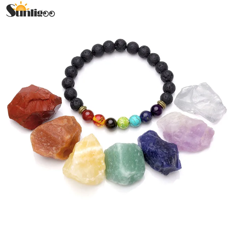 Kaufen Sunligoo 7 Chakra Healing Kristalle Natürliche Grobe Raw Steine + Natürliche Edelstein Stein Chakra Armband Meditation Set Energie Stein Dekor