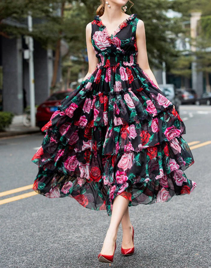 Высококачественное модное Макси платье для подиума женские без рукавов с v-образным вырезом и цветочным принтом Лоскутные оборки шелковые пляжные богемные длинные платья