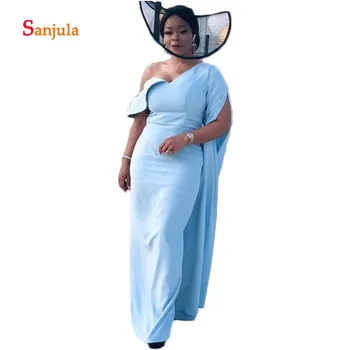 

Blue Satin Sheath Mother of the Bride Dresses Elegant Long Party Dress Short Sleeve with Slit African Formal Dresses D235