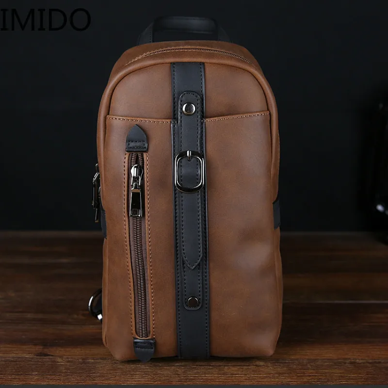 

IMIDO New Design Pu Leather Men's Chest Pack Korean Fashion Casual Brown Shoulder Diagonal Bag Tide Male Messenger Sling Bag