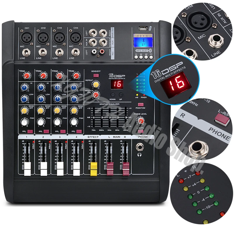 프로 앰프 믹서, 4 채널 마이크 믹싱 콘솔, USB 블루투스 + 48V 팬텀 파워 가라오케 오디오 사운드 장비