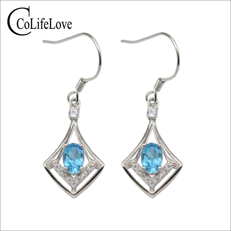 

VVS Light blue topaz drop earrings for party 4 mm * 6 mm natural topaz silver earrings solid 925 sterling silver topaz jewelry