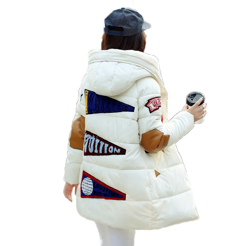 

2016 winter jacket women military print parkas duck down loose fit coat medium long pathchwork plus size overcoat snowear MA547