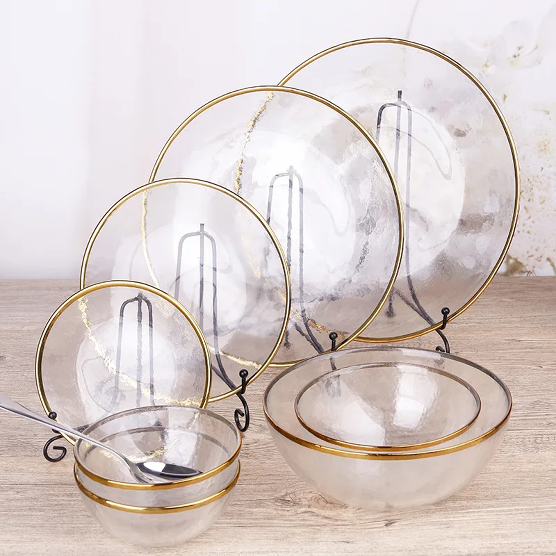

New Hand-gilded Glass Tableware Transparent Glass Plate Kitchen Bar Table Supplies Kitchen Utensils