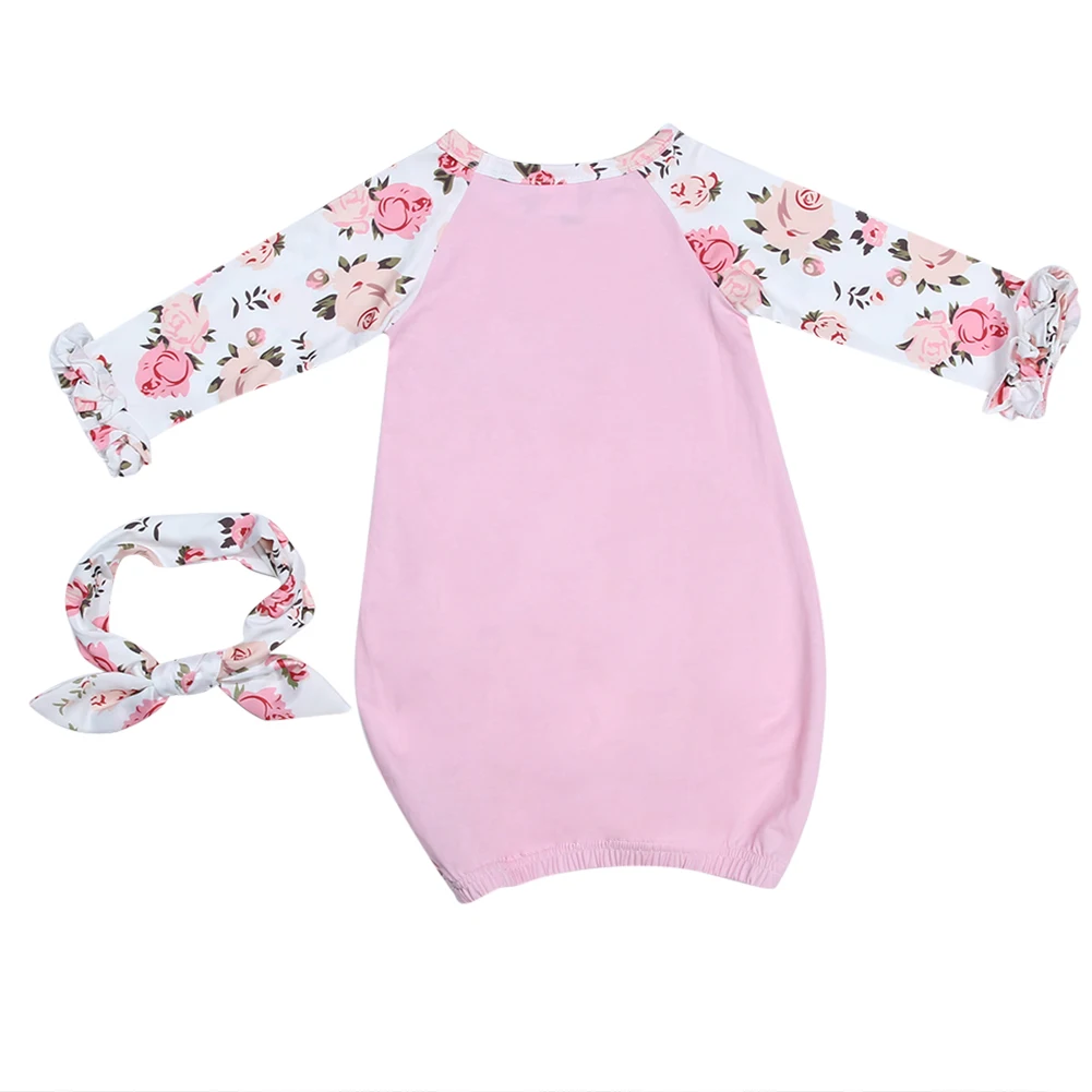 2 предмета, хлопковая ночная рубашка с длинными рукавами, детское платье для новорожденной+ повязка на голову, одежда для сна, мягкая детская одежда для сна для маленьких девочек 0-6 месяцев