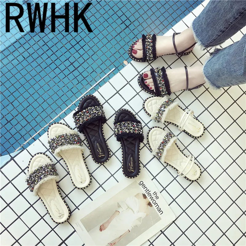 

RWHK Rhinestone flat-bottomed women's slippers 2019 summer new ladies slippers non-slip flip beach women's shoes B173
