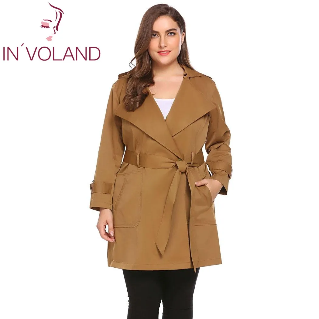 

IN'VOLAND Women Trench Coat Plus Size 5XL One Button Hooded Windbreaker Long Sleeve Lady Large Overcoats Big Size with Belt