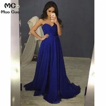 

A-Line 2018 Navy Blue Evening Party Dresses Vestido de festa longo Sweetheart Pleat Chiffon long evening dresses for women