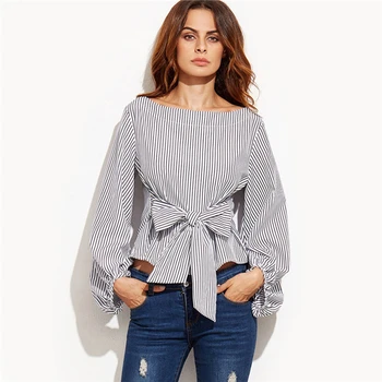 

Bigsweety New Arrivals Autumn Female Bow Tie Sashes Blusas Women Lantern Sleeve Blouse Shirts Ladies Striped O-Neck Tops Hot