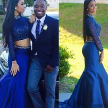 Sexy Zwei Stücke Prom Kleider Perlen Hohe Kragen Königsblau Lace Long Sleeves Abendgesellschaft Kleider Promi Arabisch Robe 2016 Abend tragen
