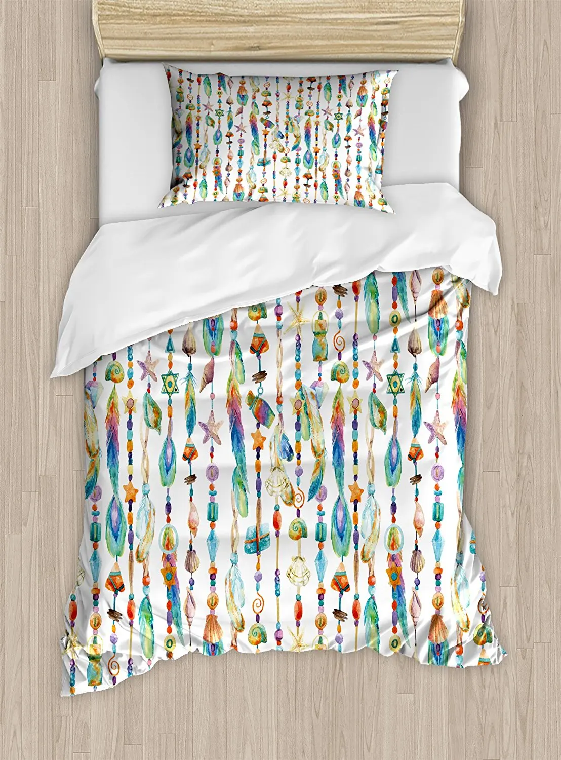

Feather Duvet Cover Set Watercolor Style Figures with Sea Shells Nautical Boho Style Chains Pendant Pattern Bedding Set