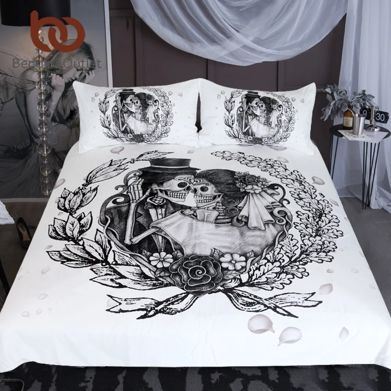 

BeddingOutlet Skull Bedding Set Queen Wedding Dress Duvet Cover Couples Vintage Gothic Home Textiles Floral Top Rated Bed Set
