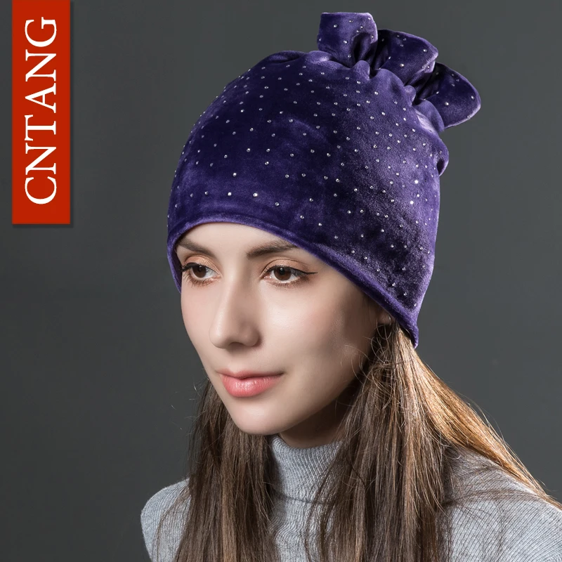 CNTANG Women Rhinestones Velvet Hats Winter Warm Fashion Tied hair Ponytail Hat For Female Autumn Flannel Caps Skullies Beanies 3