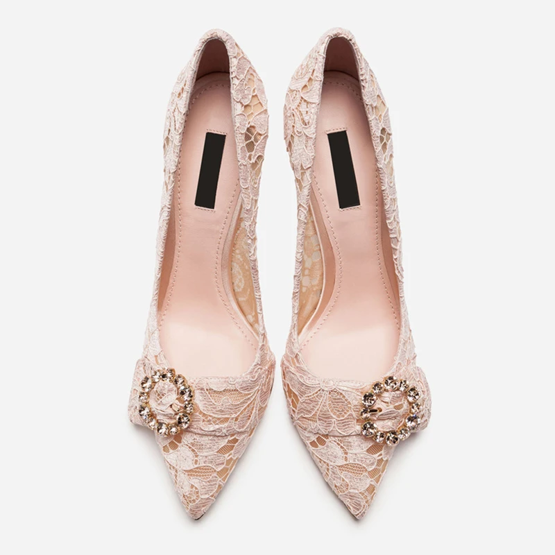 

Brand Stiletto Heels Pointed Toe Woman Pumps Glitter Crystal Decor Buckle Embellished Woman Shoes Lace Chic Runway Dress Shoes
