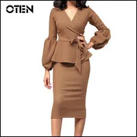 IHOT-Bodycon-dress-women-sexy-V-Neck-Lantern-Sleeve-Pepleum-Bowknot-Patchwork-Office-Ladies-formal-pencil