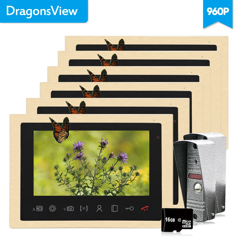 Dragonsview Video Doorbell 960P Wired 10 Inch Indoor Monitor Intercom System 6 Monitors 2 Cameras Record Unlock |