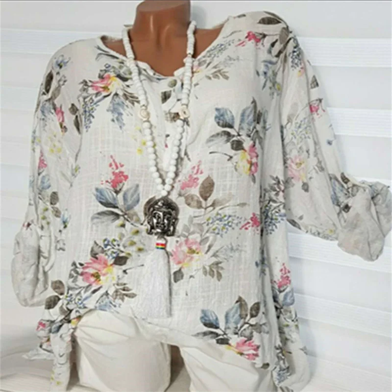Plus Size  5XL 4XL Summer Floral Women Shirts 2019 Long Sleeve O Neck Boho Loose Beach Ladies Tops Print Buttons Blouses Shirt