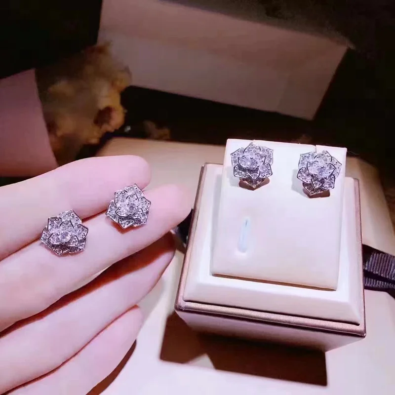 

BM Fashion 925 Sterling Silver Crystal Zircon Rose Flower Stud Earring Rose Camellia Women Wedding Elegant Jewelry