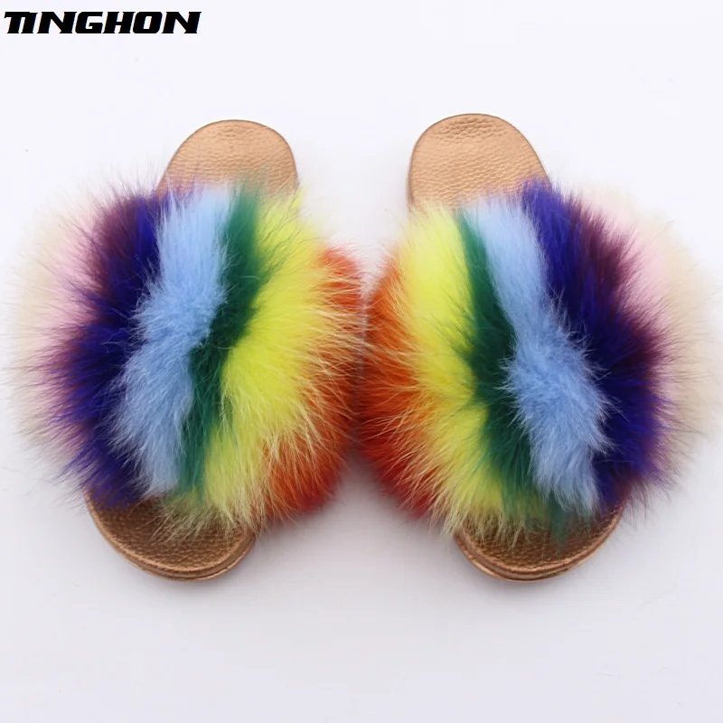 

TINGHON Luxurious New Summer Women Fur Slippers Fluffy Real Fox Fur Slides Flat Non-slip Indoor Flip Flop Casual Beach shoes