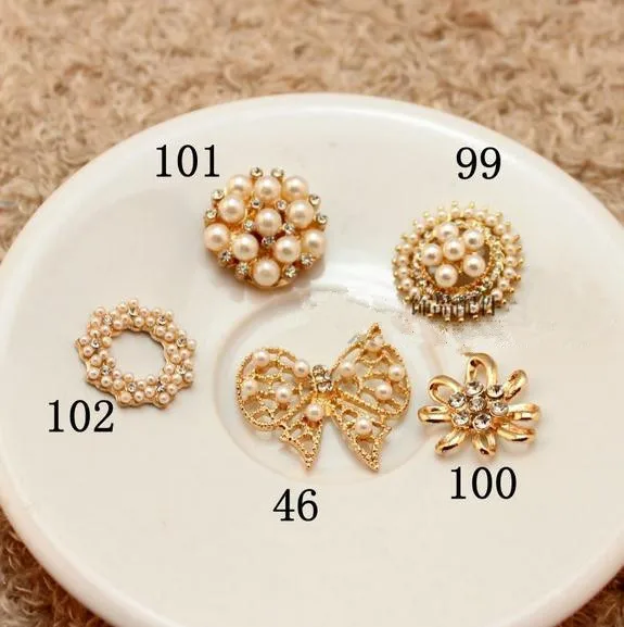 Free Shipping!50pcs/lot 5 styles Alloy jewelry accessories metal rhinestone button with pearl for Hair Flower Wedding Invitation