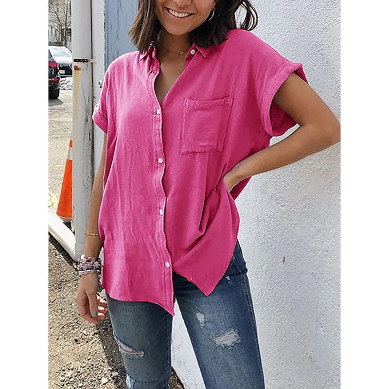 

Women Clothes Short Sleeve Casual Loose Linen Shirt With Pocket Summer OL Boho Style Female Plus Size S-5XL Solid Blouse SJ2763U