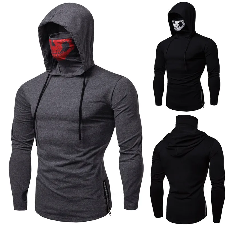 

WSGYJ Brand Men Hoodies Sweatshirt Fashion Mask Skull Pure Color Pullover Long Sleeve Hooded Sweatshirt Hip Hop Streetwear