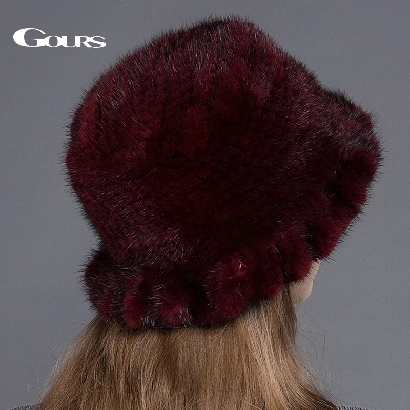 Gours меховые шапки для женщин, вязаные шапки из натурального меха норки, толстые теплые зимние шапки, модные шапки с цветочным рисунком, новое поступление